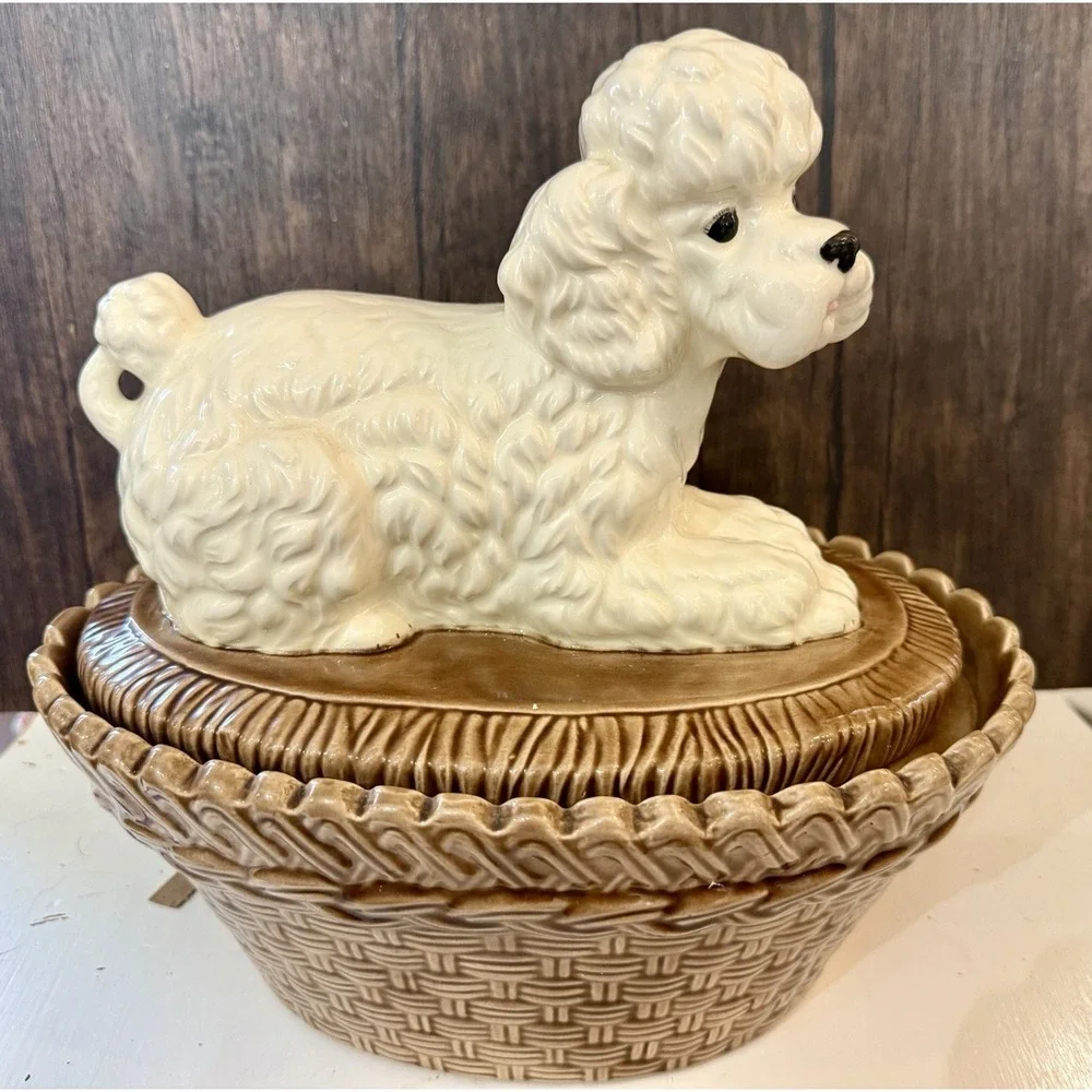 VTG‎ Poodle Dog On Brown Basket Ceramic Cookie Jar Bowl Planter Candy Dish